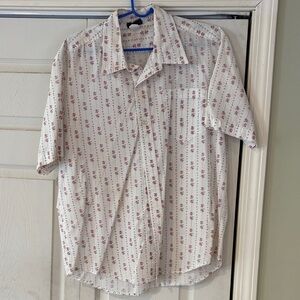 Men's Casual Button Down Shirt - White with Red Floral Pattern
